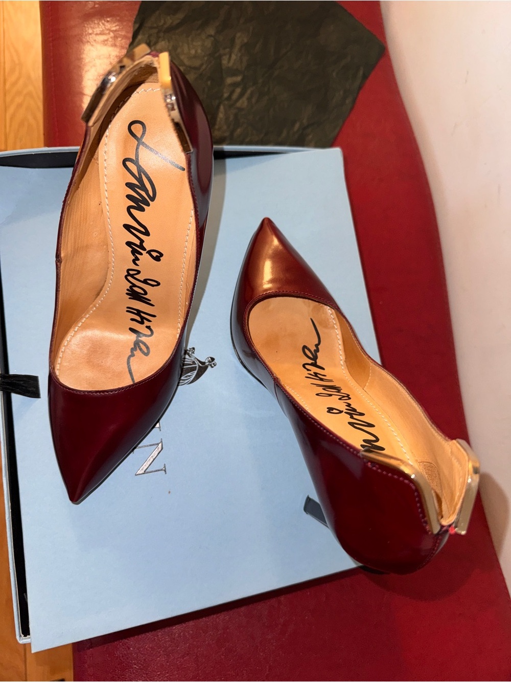 Lanvin Wine Red Patent Leather Pointed Pumps with Gold Heel Tab - Picture 5 of 8